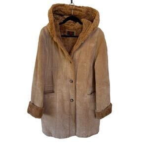 Vintage Leather Pennylane Coat Faux Fur Trim Longline Winter Heavy Hooded Medium